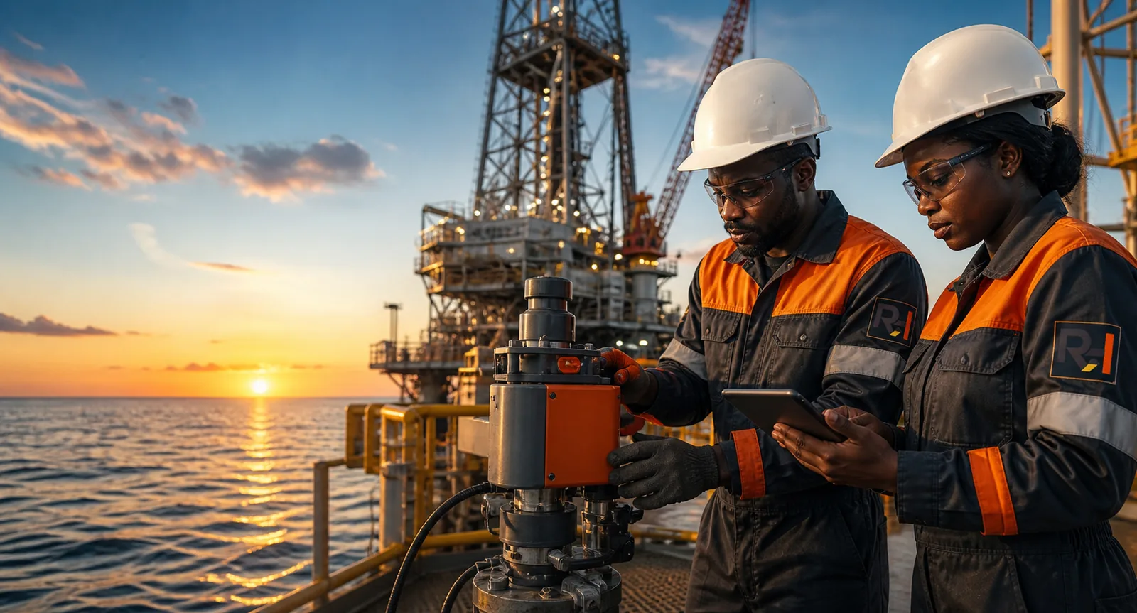Rock Hill Limited crew working on wellhead equipment on an offshore platform at sunset