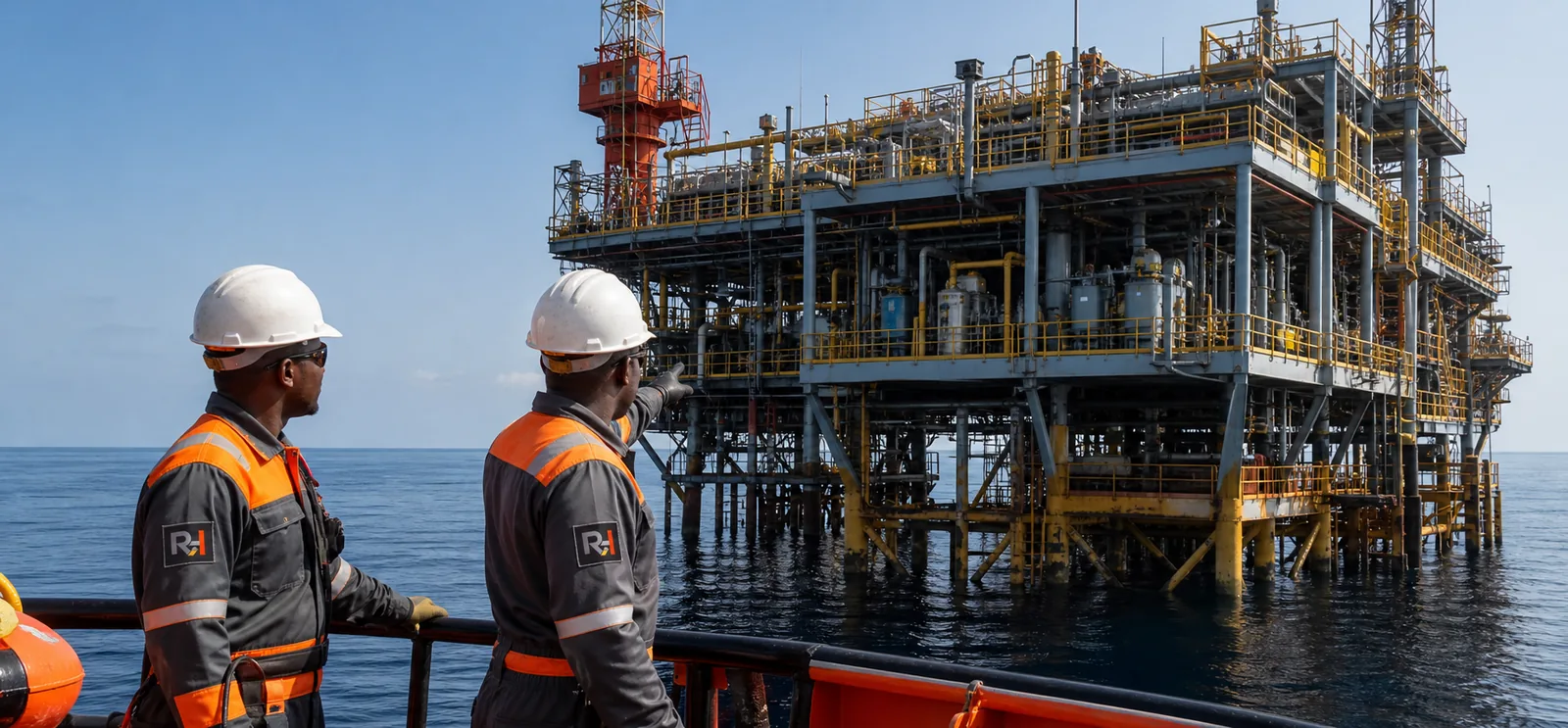 Rock Hill Limited crew viewing an offshore oil platform from a support vessel