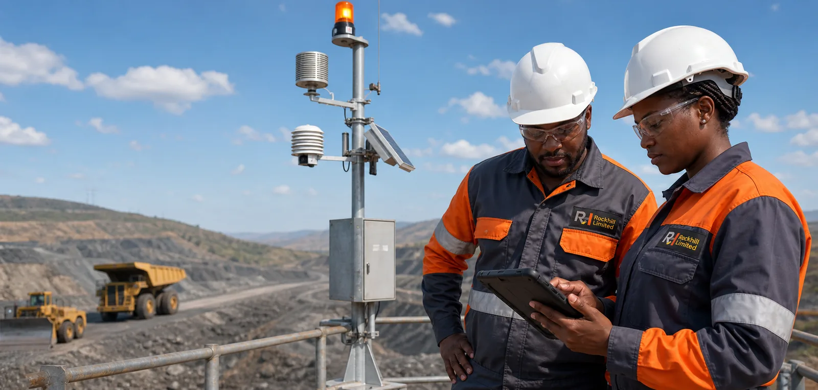 Rock Hill Limited technicians reviewing data from a monitoring station above an open pit mine